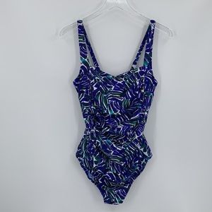 LL Bean tank one-piece swimsuit blue green floral shirring square neck new 14